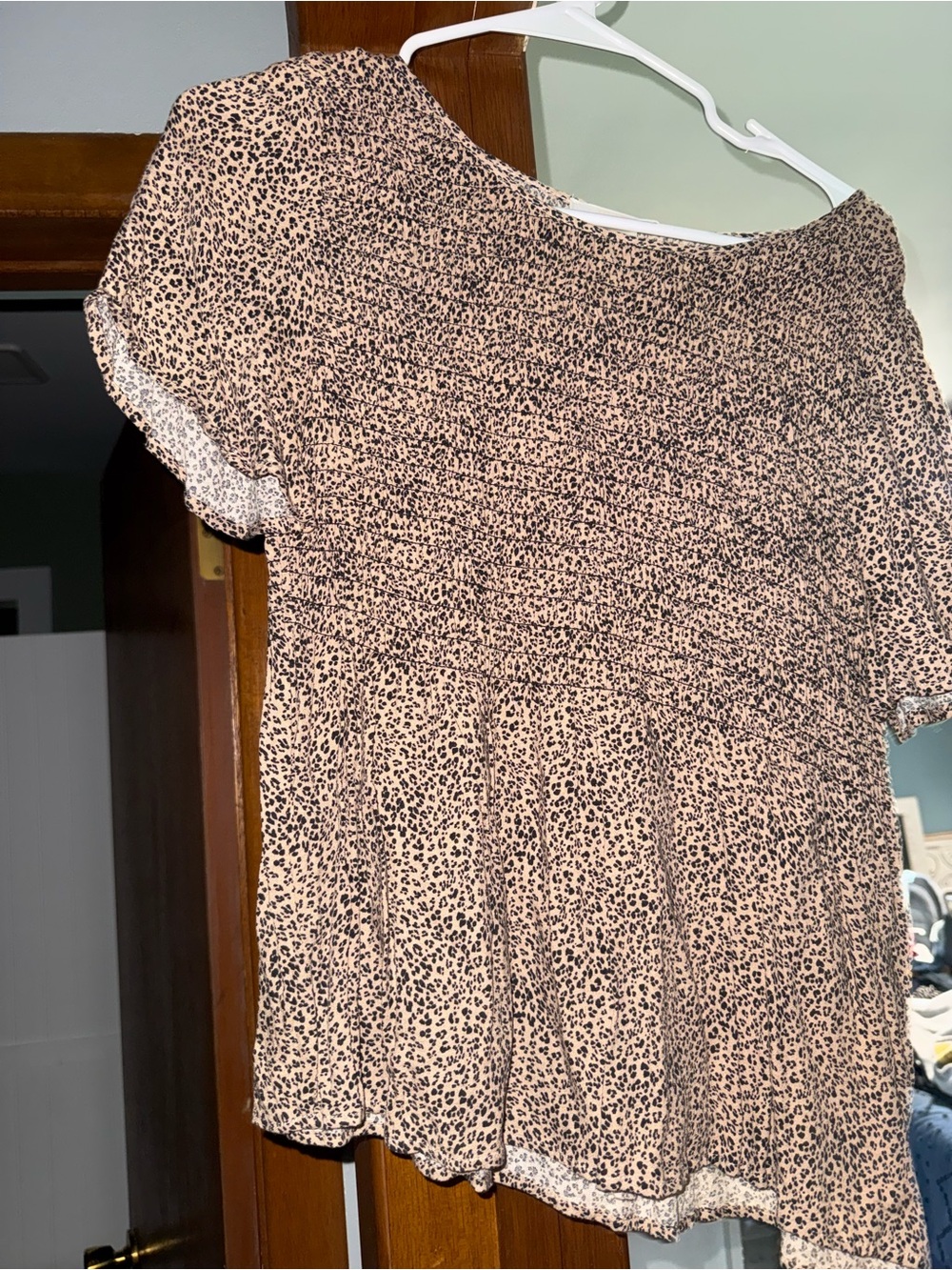 Beige Leopard Print Smocked Short Sleeve Women's Dress